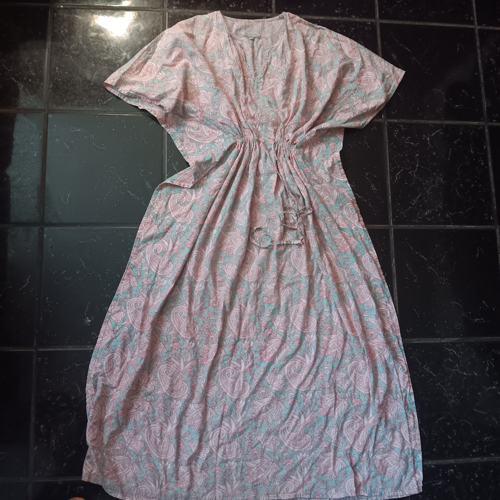 World Market Pink and Green Paisley Midi Dress Swim Cover Up Boho